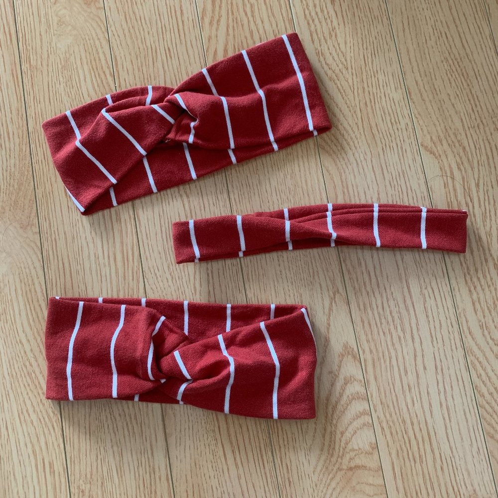 Set of 3 Red & White Striped Headband Knot Skinny Handmade